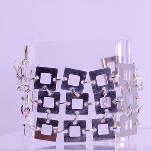 Sterling Silver Art Deco Modernist Style 37mm Wide Square Link Flex Bracelet